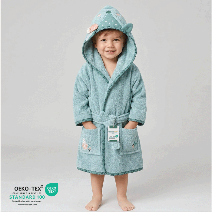 Puddle Kids Cotton Bathrobe with Hood, Tie Belt & Pockets - Minty Floral Fox