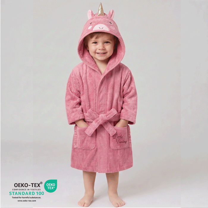 Puddle Kids Cotton Bathrobe with Hood, Tie Belt & Pockets - Little Unicorn