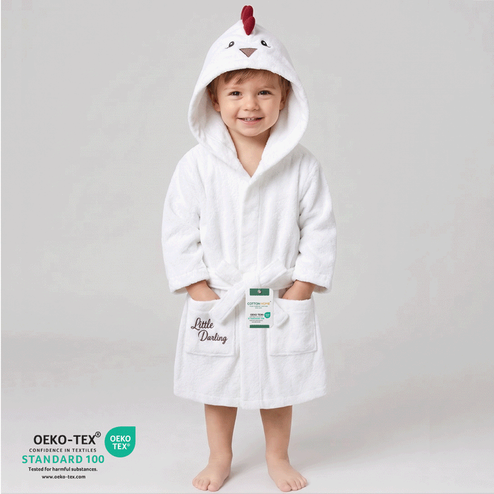 Puddle Kids Cotton Bathrobe with Hood, Tie Belt & Pockets - Cruck White