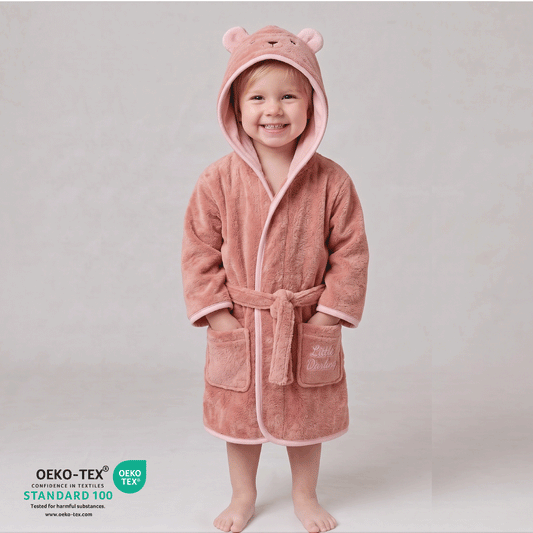 Cacoon Kids Cotton Bathrobe with Hood, Tie Belt & Pockets -  Pink Bear