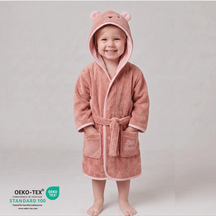 Puddle Kids Cotton Bathrobe with Hood, Tie Belt & Pockets -  Pink Bear