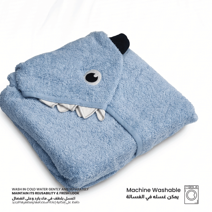 Puddle Kids Cotton Bathrobe with Hood, Tie Belt & Pockets - Blue Shark