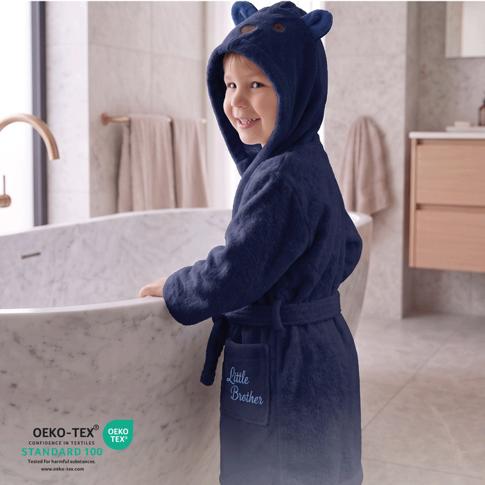 Puddle Kids Cotton Bathrobe with Hood, Tie Belt & Pockets - Blue Bear