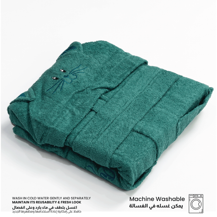 Puddle Kids Cotton Bathrobe with Hood, Tie Belt & Pockets - Teal Cat