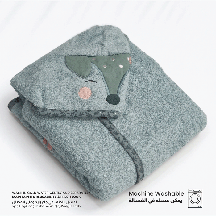 Puddle Kids Cotton Bathrobe with Hood, Tie Belt & Pockets - Minty Floral Fox