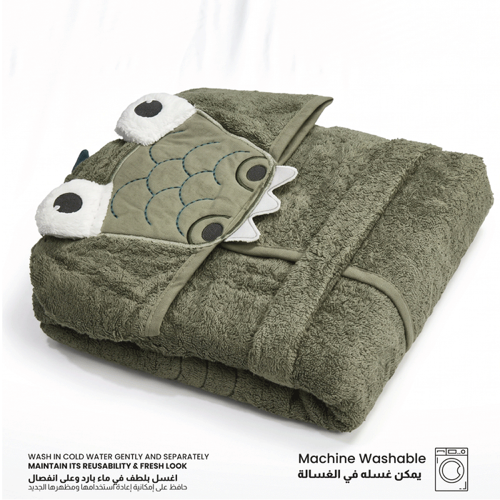 Puddle Kids Cotton Bathrobe with Hood, Tie Belt & Pockets - Green Croc