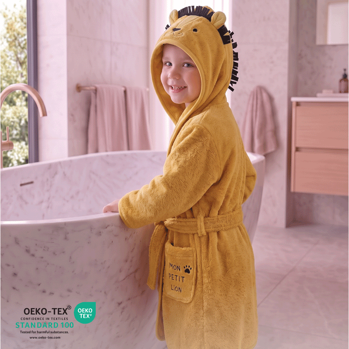 Puddle Kids Cotton Bathrobe with Hood, Tie Belt & Pockets - Little Lion