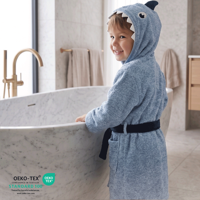 Puddle Kids Cotton Bathrobe with Hood, Tie Belt & Pockets - Blue Shark