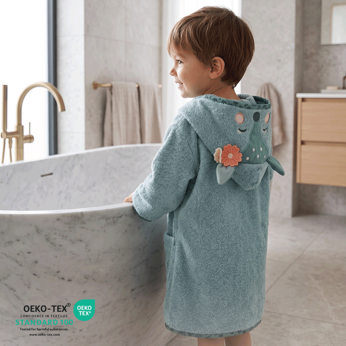 Puddle Kids Cotton Bathrobe with Hood, Tie Belt & Pockets - Minty Floral Fox