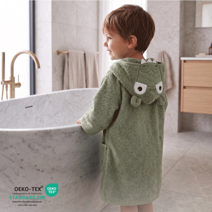 Puddle Kids Cotton Bathrobe with Hood, Tie Belt & Pockets - Green Croc