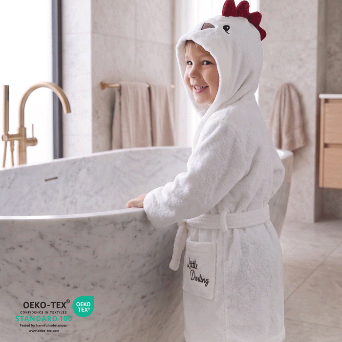 Puddle Kids Cotton Bathrobe with Hood, Tie Belt & Pockets - Cruck White