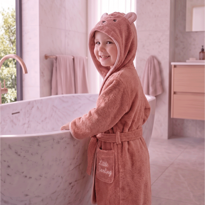 Puddle Kids Cotton Bathrobe with Hood, Tie Belt & Pockets -  Pink Bear