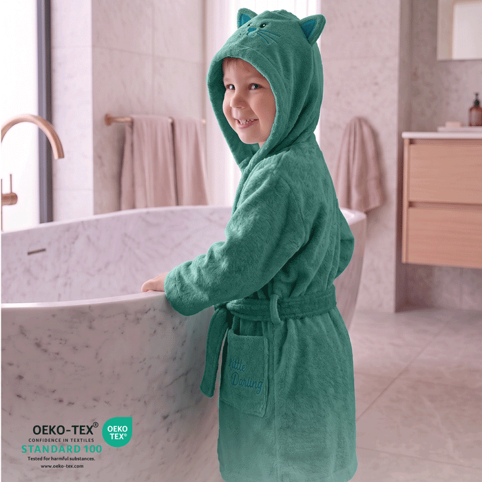 Puddle Kids Cotton Bathrobe with Hood, Tie Belt & Pockets - Teal Cat
