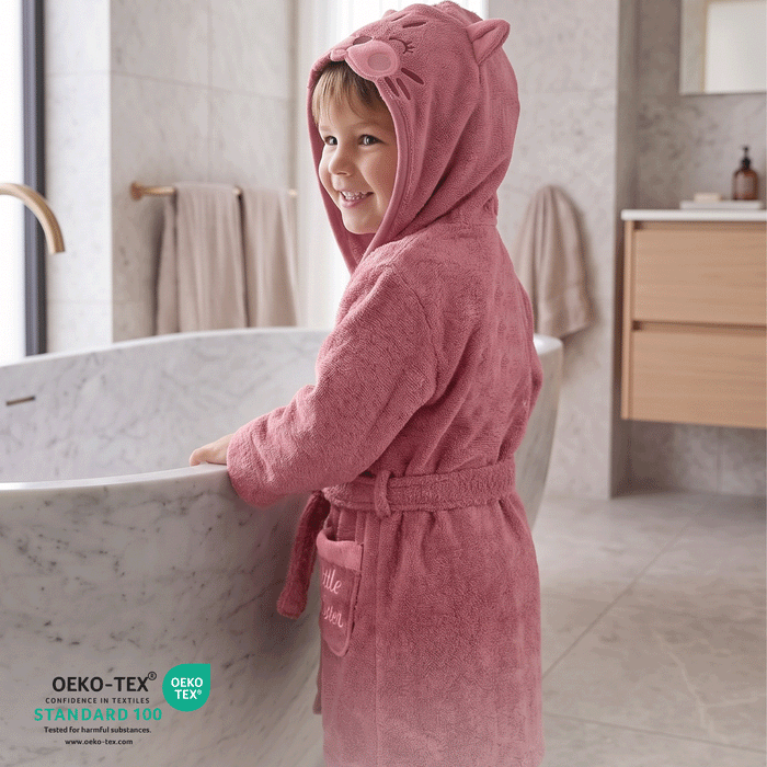 Puddle Kids Cotton Bathrobe with Hood, Tie Belt & Pockets -  Cuddle Cat