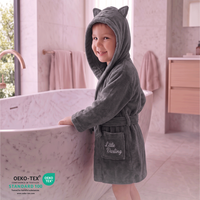 Puddle Kids Cotton Bathrobe with Hood, Tie Belt & Pockets - Grey Bear