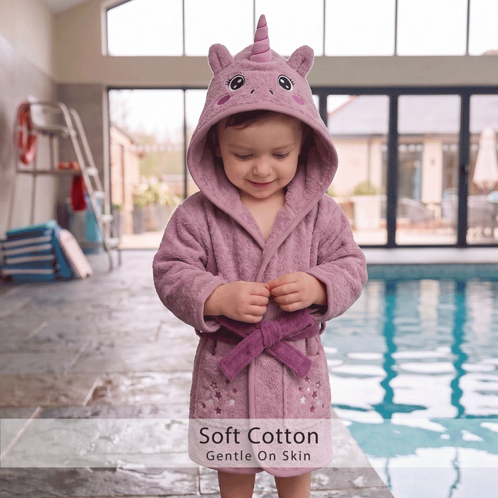 Puddle Kids Cotton Bathrobe with Hood, Tie Belt & Pockets -  Star Unicorn