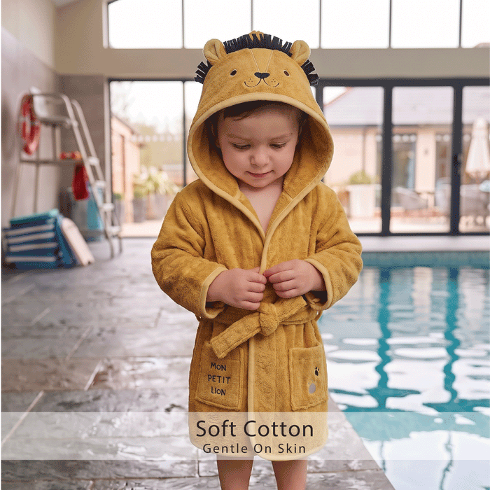 Puddle Kids Cotton Bathrobe with Hood, Tie Belt & Pockets - Little Lion