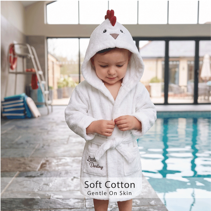 Puddle Kids Cotton Bathrobe with Hood, Tie Belt & Pockets - Cruck White