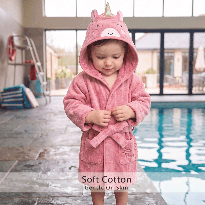 Puddle Kids Cotton Bathrobe with Hood, Tie Belt & Pockets - Little Unicorn