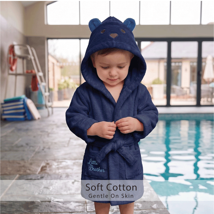Puddle Kids Cotton Bathrobe with Hood, Tie Belt & Pockets - Blue Bear
