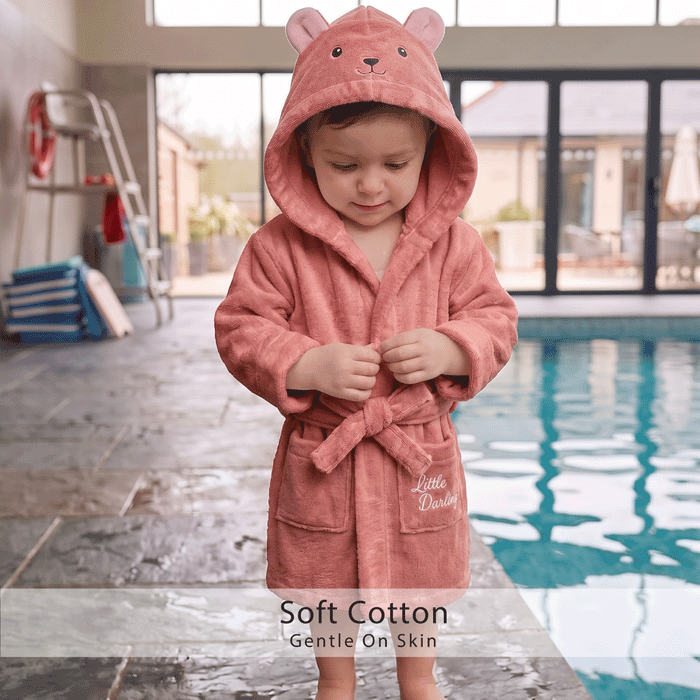 Puddle Kids Cotton Bathrobe with Hood, Tie Belt & Pockets -  Pink Bear