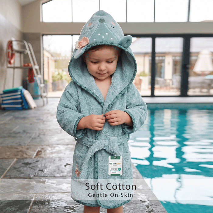 Puddle Kids Cotton Bathrobe with Hood, Tie Belt & Pockets - Minty Floral Fox