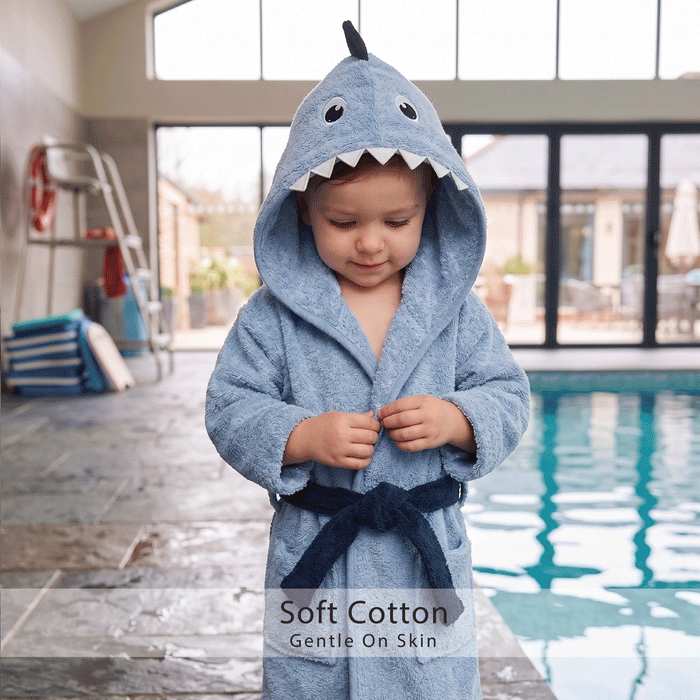 Puddle Kids Cotton Bathrobe with Hood, Tie Belt & Pockets - Blue Shark