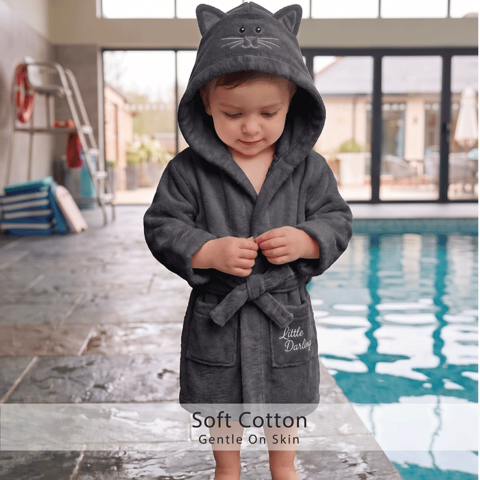 Puddle Kids Cotton Bathrobe with Hood, Tie Belt & Pockets - Grey Bear