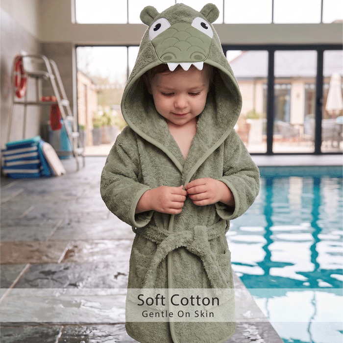 Puddle Kids Cotton Bathrobe with Hood, Tie Belt & Pockets - Green Croc