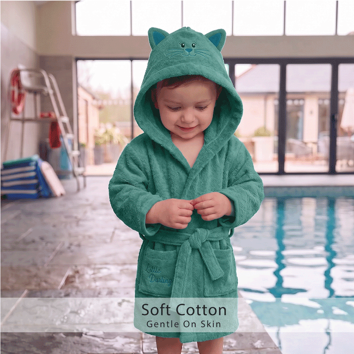 Puddle Kids Cotton Bathrobe with Hood, Tie Belt & Pockets - Teal Cat