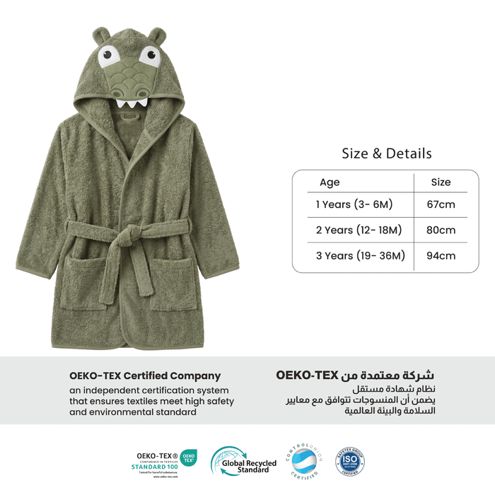Puddle Kids Cotton Bathrobe with Hood, Tie Belt & Pockets - Green Croc