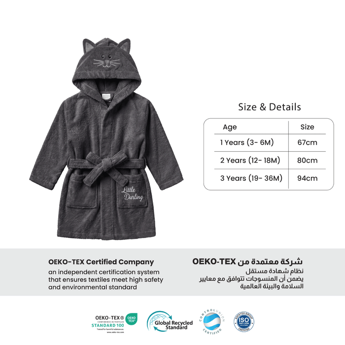 Puddle Kids Cotton Bathrobe with Hood, Tie Belt & Pockets - Grey Bear
