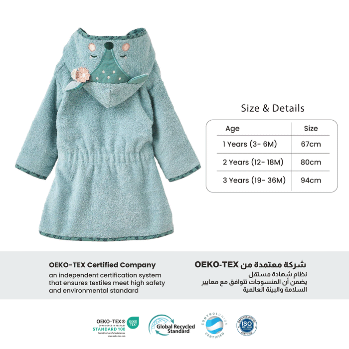 Puddle Kids Cotton Bathrobe with Hood, Tie Belt & Pockets - Minty Floral Fox