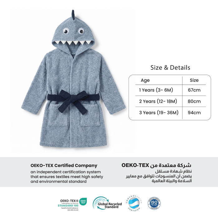 Puddle Kids Cotton Bathrobe with Hood, Tie Belt & Pockets - Blue Shark