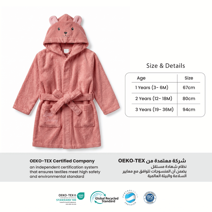 Puddle Kids Cotton Bathrobe with Hood, Tie Belt & Pockets -  Pink Bear