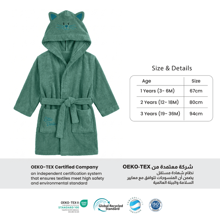 Puddle Kids Cotton Bathrobe with Hood, Tie Belt & Pockets - Teal Cat