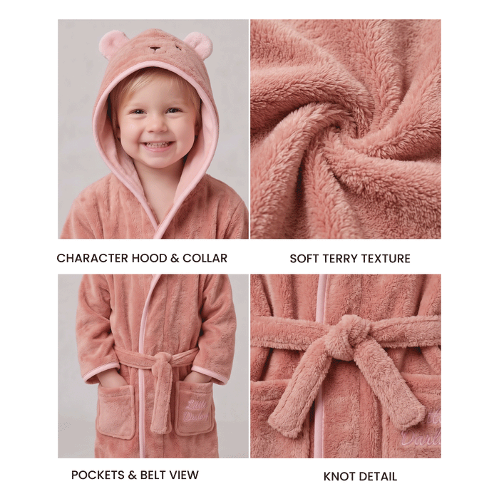 Puddle Kids Cotton Bathrobe with Hood, Tie Belt & Pockets -  Pink Bear