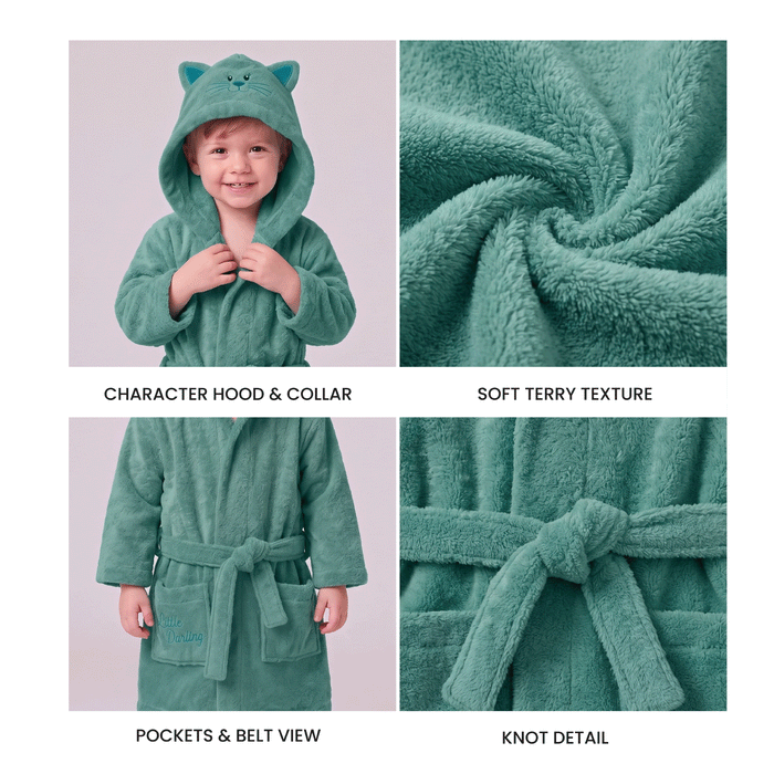 Puddle Kids Cotton Bathrobe with Hood, Tie Belt & Pockets - Teal Cat
