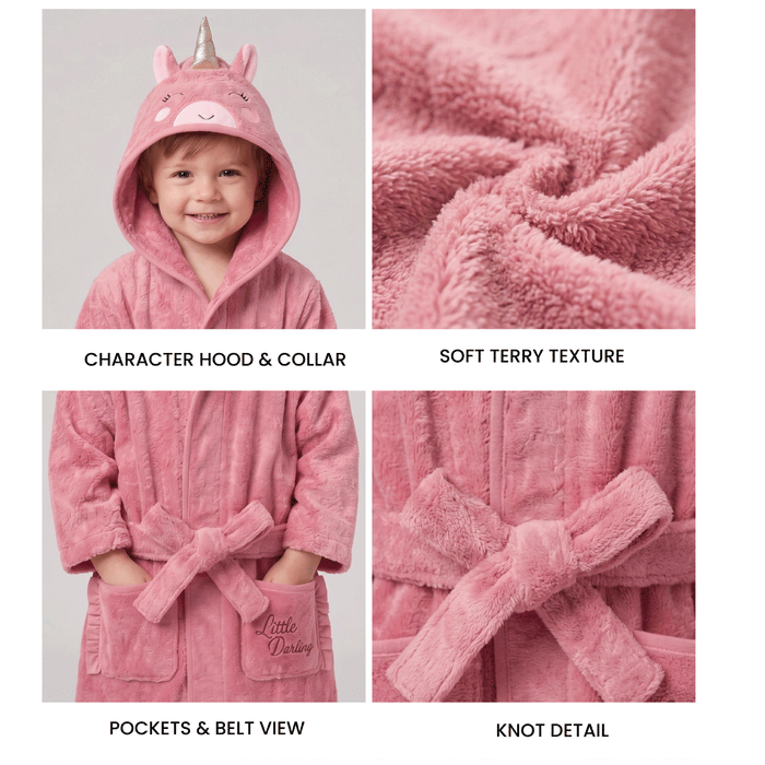 Puddle Kids Cotton Bathrobe with Hood, Tie Belt & Pockets - Little Unicorn