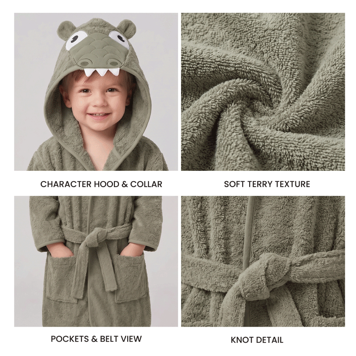 Puddle Kids Cotton Bathrobe with Hood, Tie Belt & Pockets - Green Croc