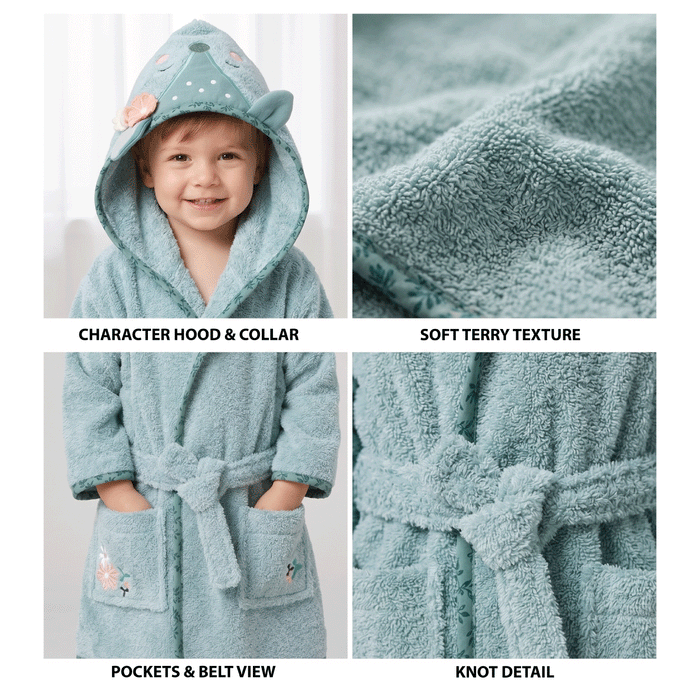 Puddle Kids Cotton Bathrobe with Hood, Tie Belt & Pockets - Minty Floral Fox