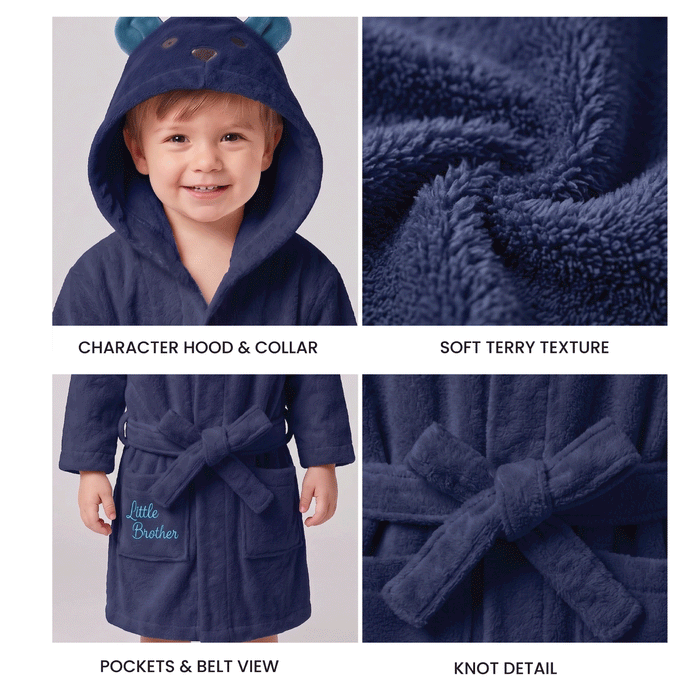 Puddle Kids Cotton Bathrobe with Hood, Tie Belt & Pockets - Blue Bear