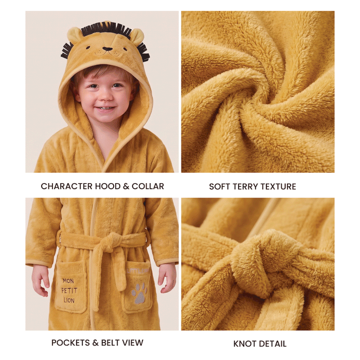 Puddle Kids Cotton Bathrobe with Hood, Tie Belt & Pockets - Little Lion