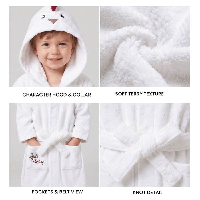 Puddle Kids Cotton Bathrobe with Hood, Tie Belt & Pockets - Cruck White