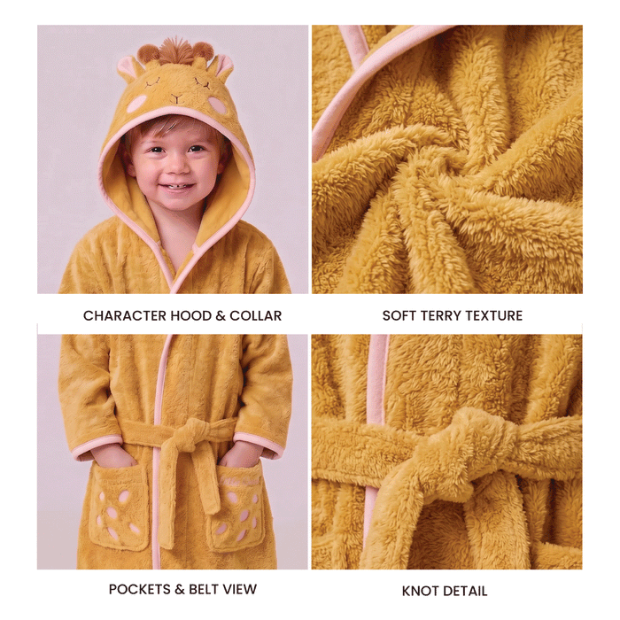 Puddle Kids Cotton Bathrobe with Hood, Tie Belt & Pockets - Little Giraffe