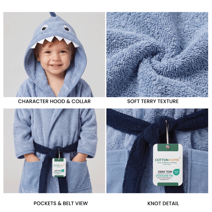 Puddle Kids Cotton Bathrobe with Hood, Tie Belt & Pockets - Blue Shark