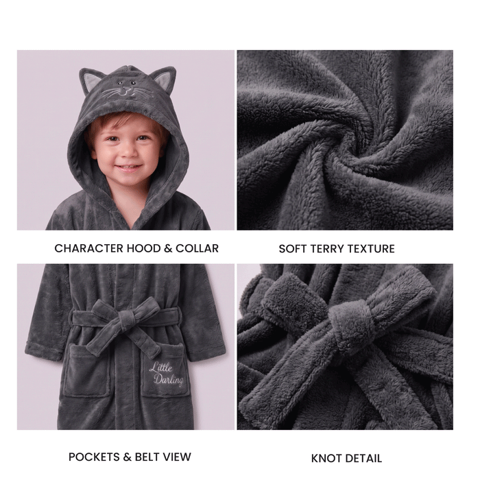 Puddle Kids Cotton Bathrobe with Hood, Tie Belt & Pockets - Grey Bear