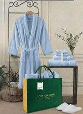 Luxury 7PC Egyptian Cotton Bath Bundle Set Sky Blue – Bathrobe, Towels, White Slippers