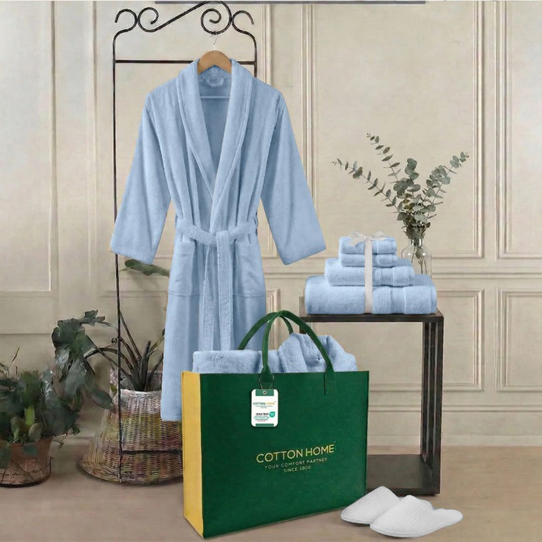 Luxury 7PC Egyptian Cotton Bath Bundle Set Sky Blue – Bathrobe, Towels, White Slippers