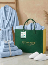 Luxury 7PC Egyptian Cotton Bath Bundle Set Sky Blue – Bathrobe, Towels, White Slippers